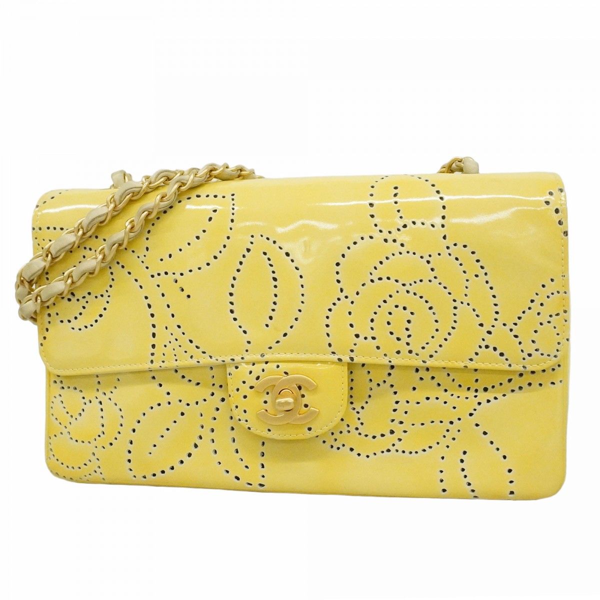 Chanel Shoulder Bag Camellia Perforated Patent Leather Yellow Champagne Gold