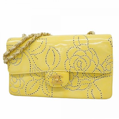 Chanel Shoulder Bag Camellia Perforated Patent Leather Yellow Champagne Gold
