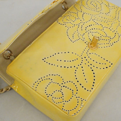 Chanel Shoulder Bag Camellia Perforated Patent Leather Yellow Champagne Gold — view 7