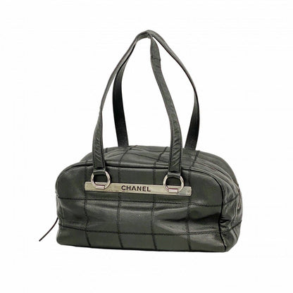 Chanel Shoulder Bag Choco Bar Leather Black Silver