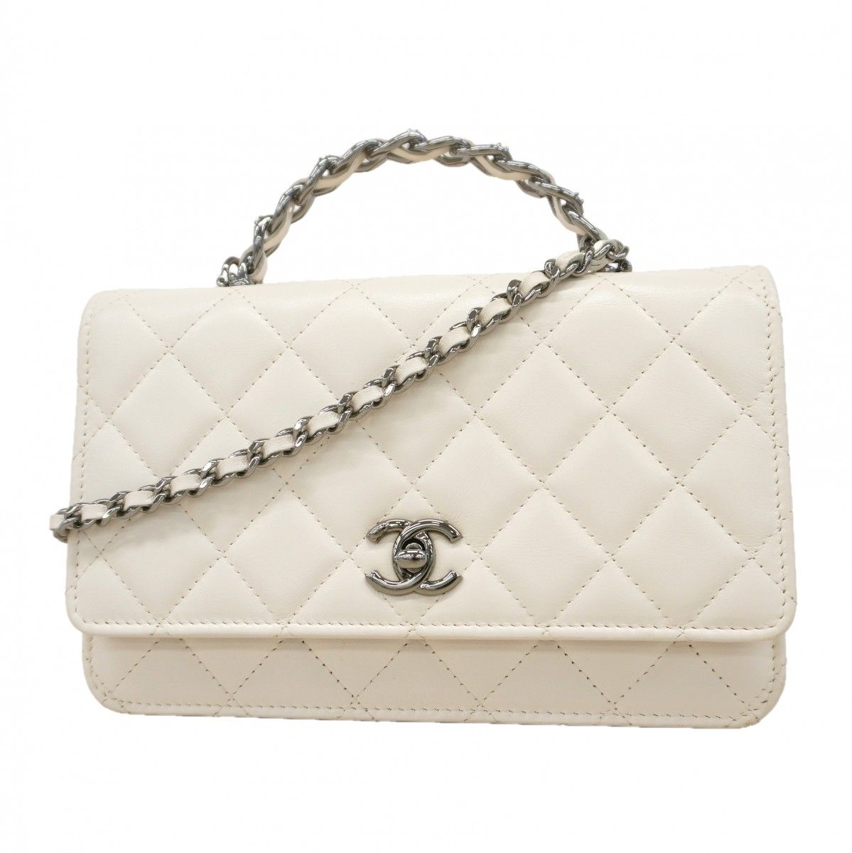 Chanel Shoulder Wallet Quilted Lambskin White Silver