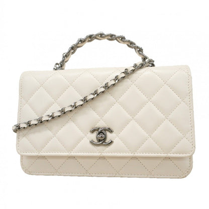 Chanel Shoulder Wallet Quilted Lambskin White Silver