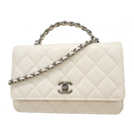 Chanel Shoulder Wallet Quilted Lambskin White Silver