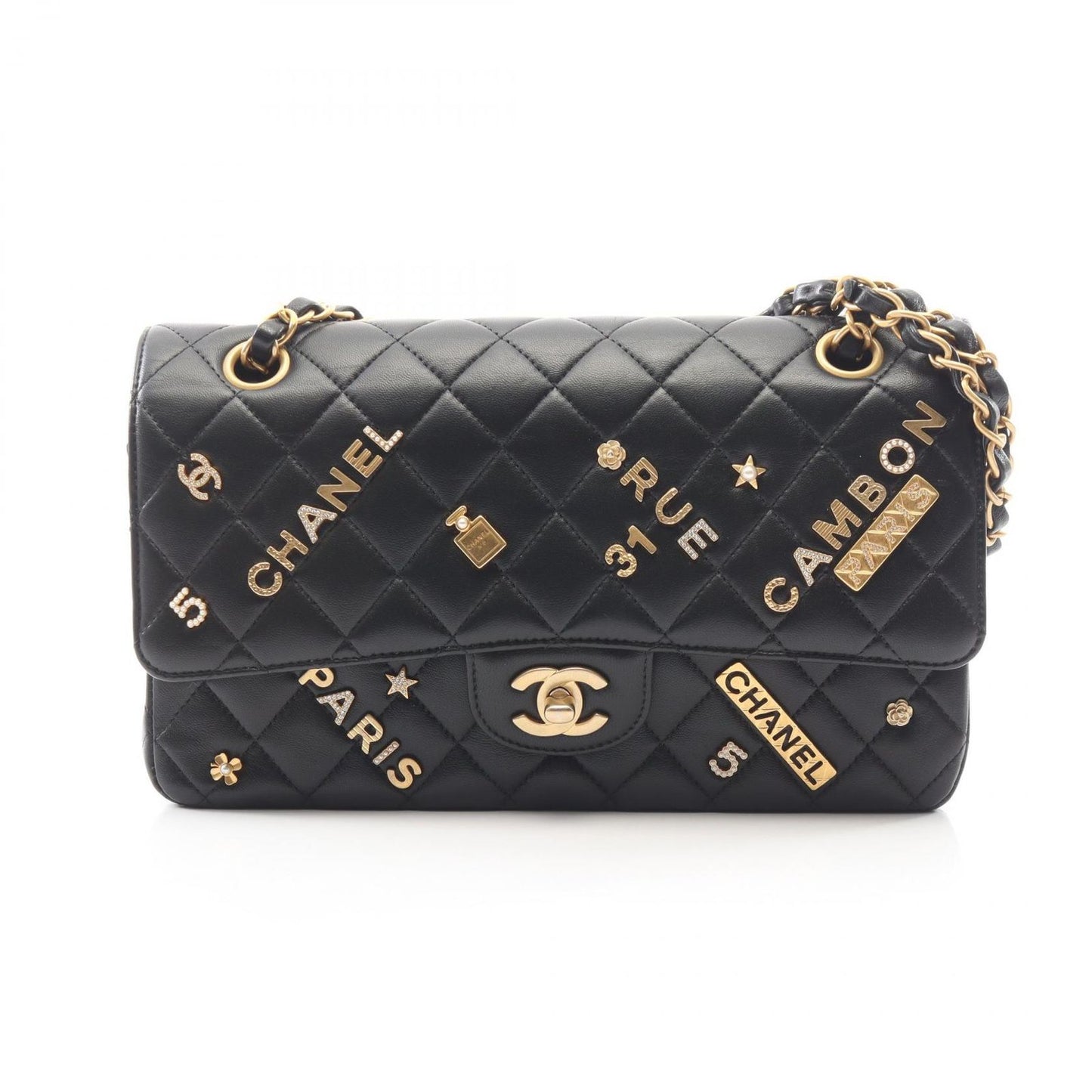 Chanel Shoulder Bag Quilted Double Flap Icon Charm Black Lambskin Chain