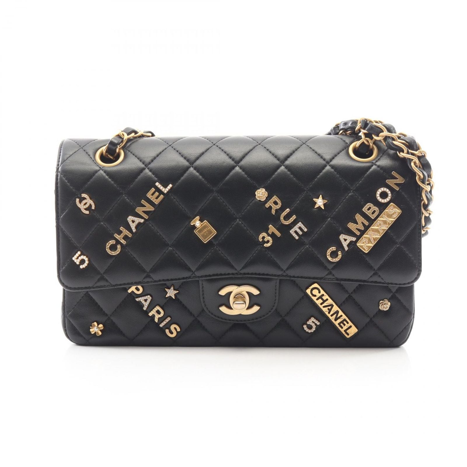 Chanel Shoulder Bag Quilted Double Flap Icon Charm Black Lambskin Chain