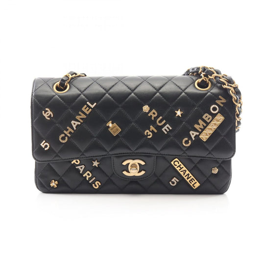 Chanel Shoulder Bag Quilted Double Flap Icon Charm Black Lambskin Chain