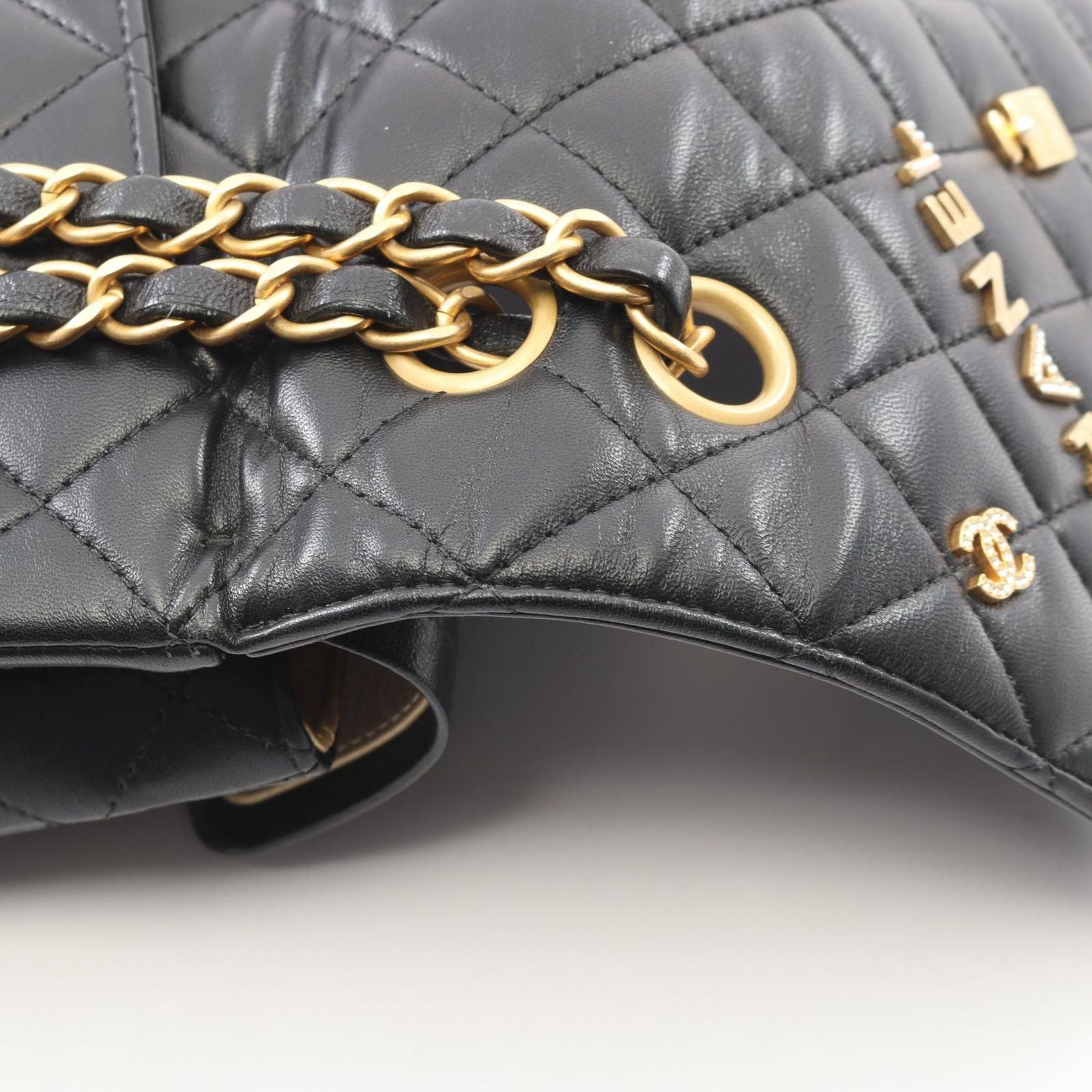 Chanel Shoulder Bag Quilted Double Flap Icon Charm Black Lambskin Chain — view 9