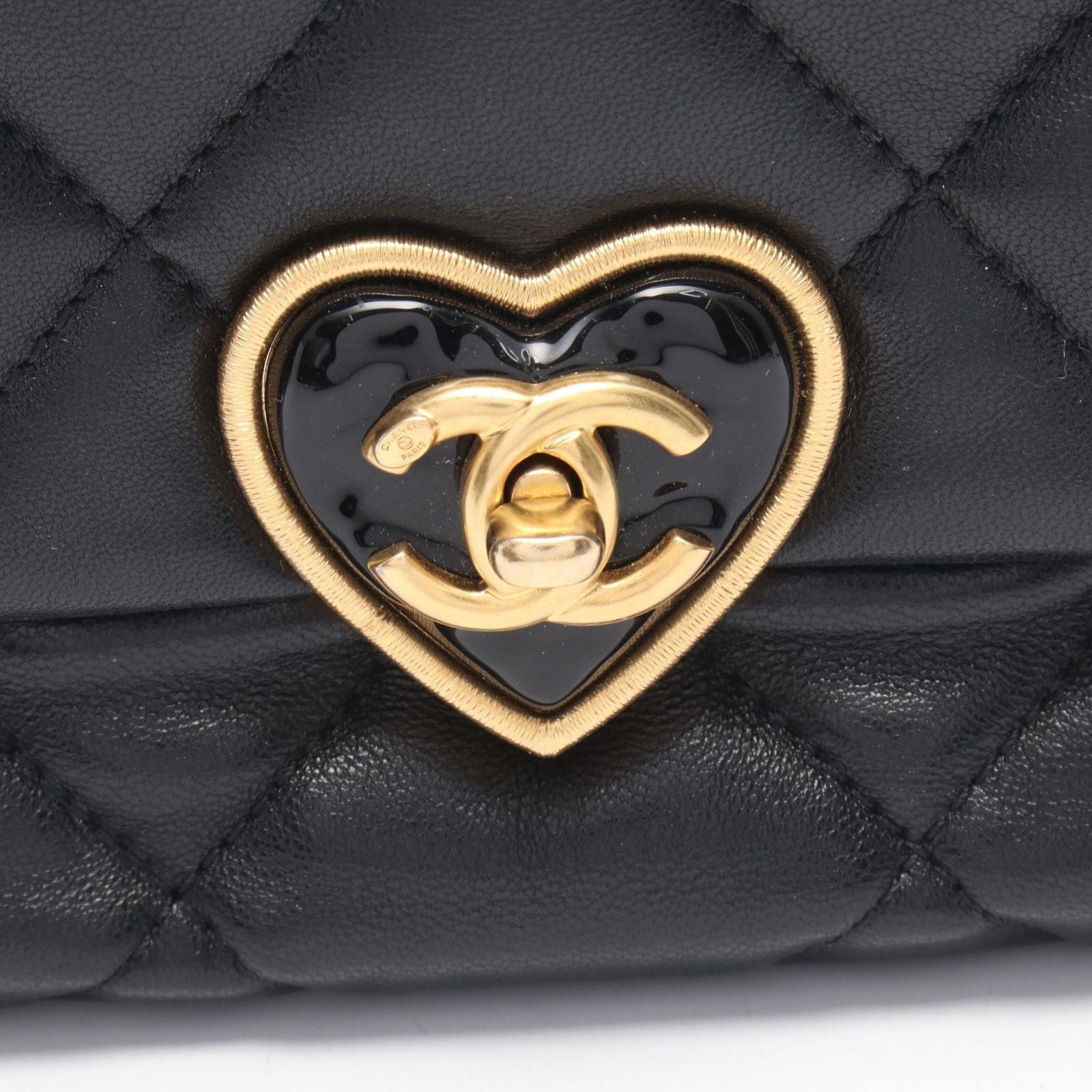 Chanel Shoulder Bag Quilted Heart Lock Black Leather Chain — view 6