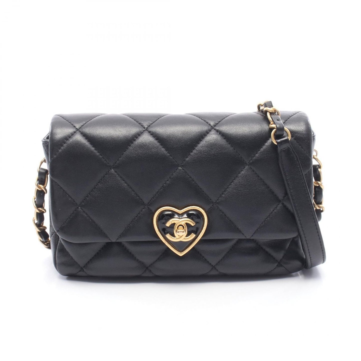 Chanel Shoulder Bag Quilted Heart Lock Black Leather Chain