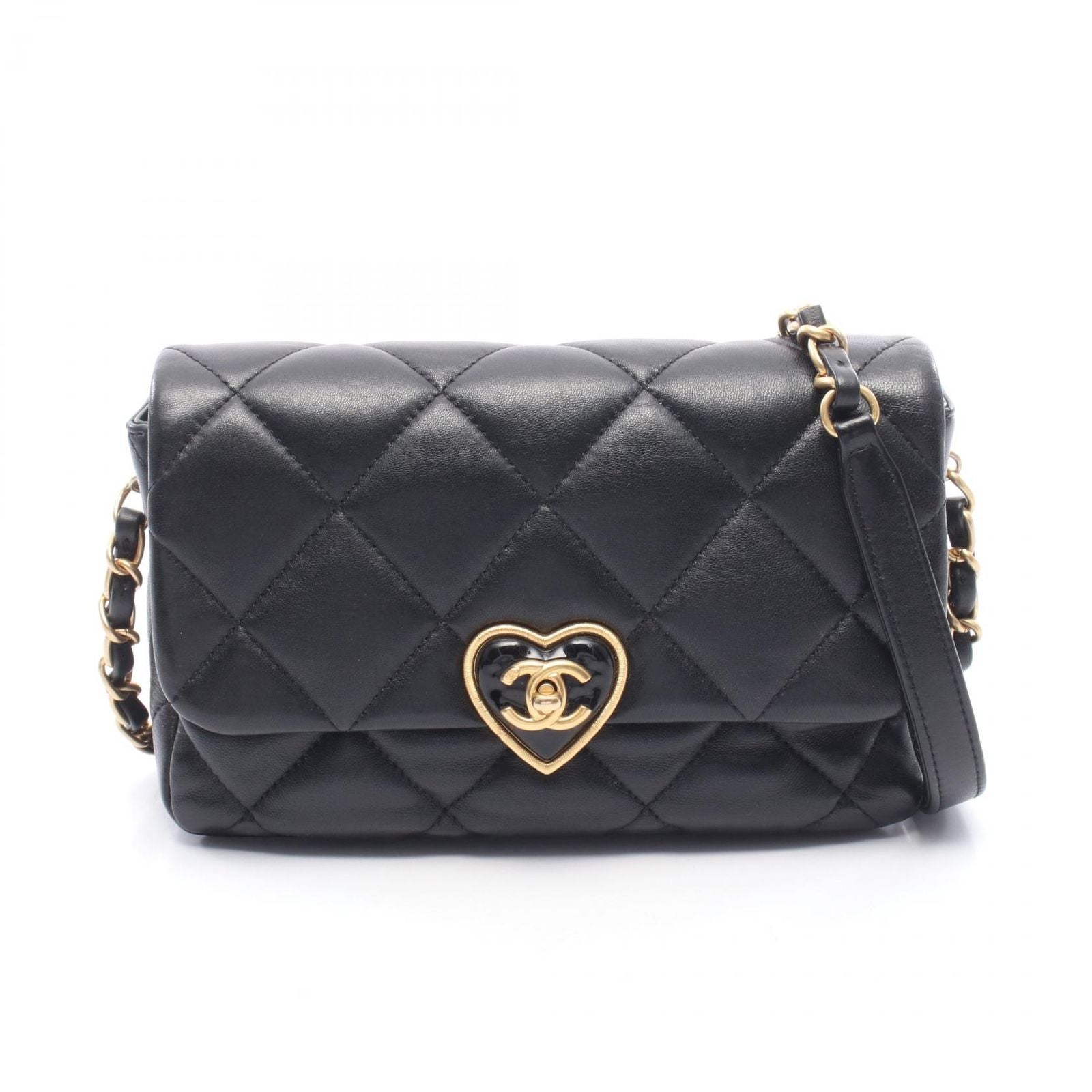 Chanel Shoulder Bag Quilted Heart Lock Black Leather Chain