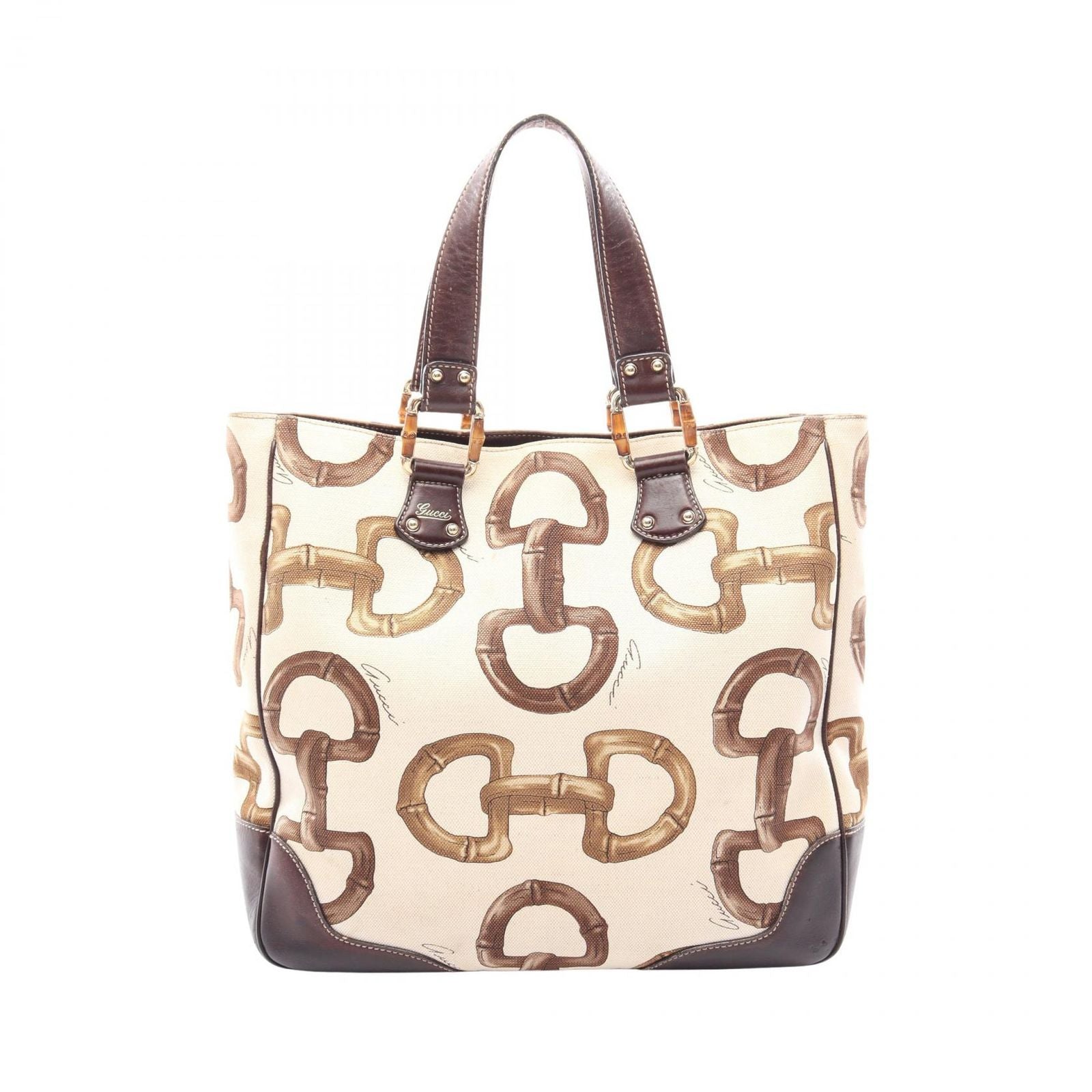 Gucci Tote Bamboo Horsebit Ivory Brown Canvas Leather
