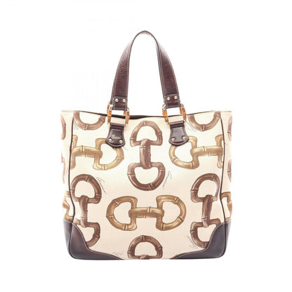 Gucci Tote Bamboo Horsebit Ivory Brown Canvas Leather