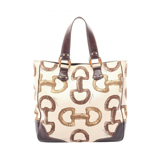Gucci Tote Bamboo Horsebit Ivory Brown Canvas Leather