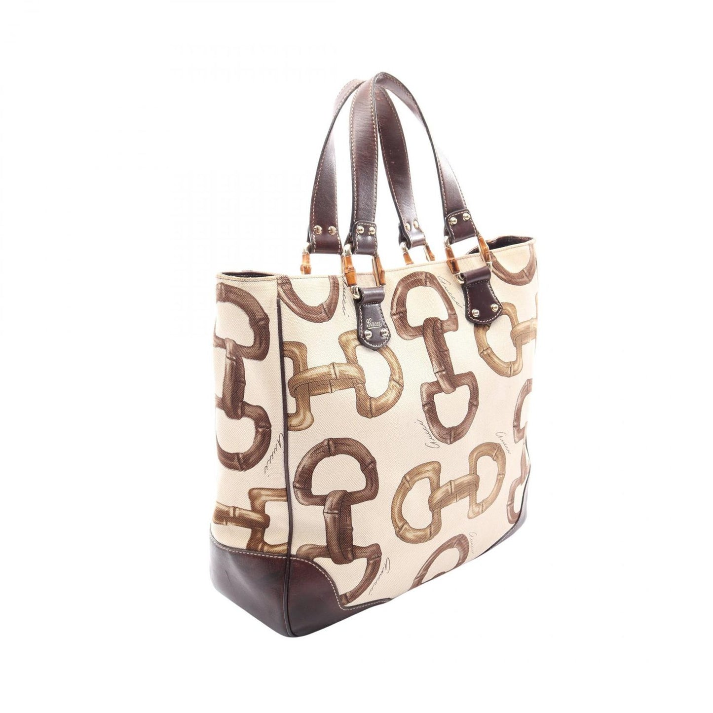 Gucci Tote Bamboo Horsebit Ivory Brown Canvas Leather — view 2