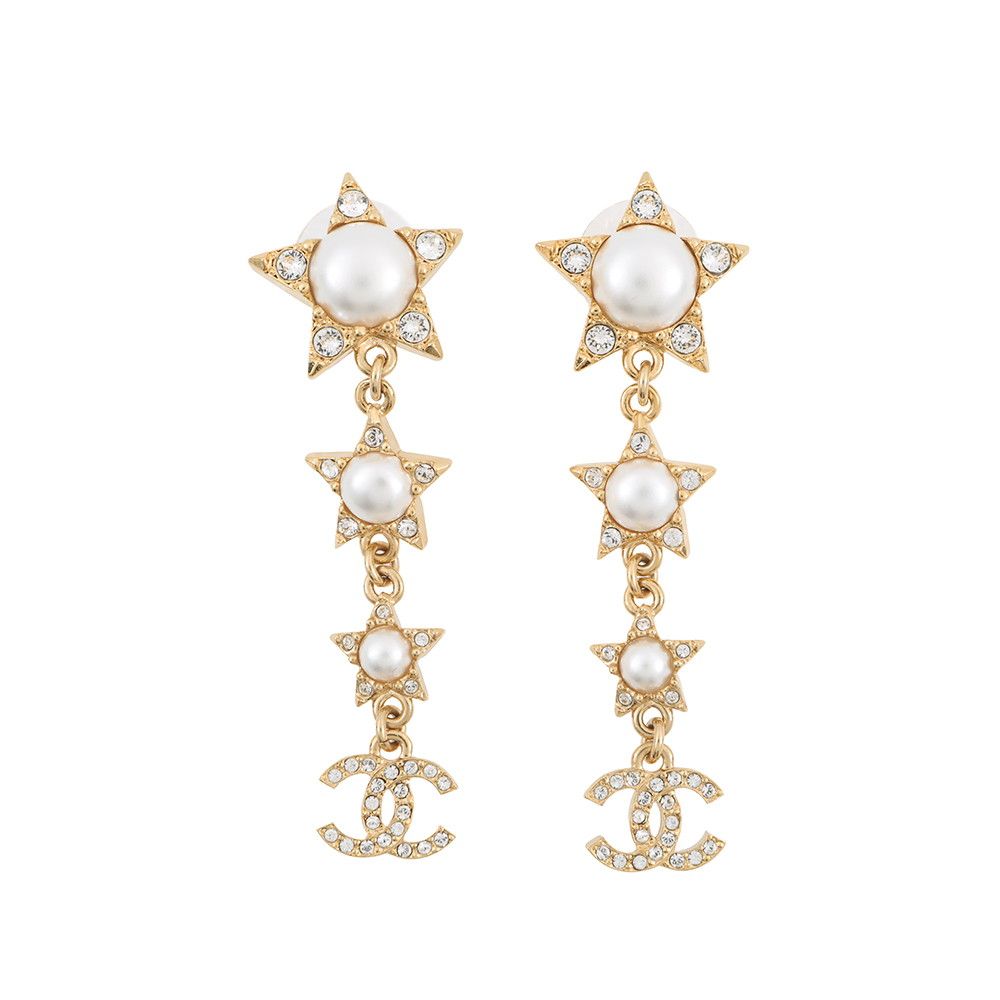 Chanel Earrings CC Logo Star Motif Long Faux Pearl Rhinestone
