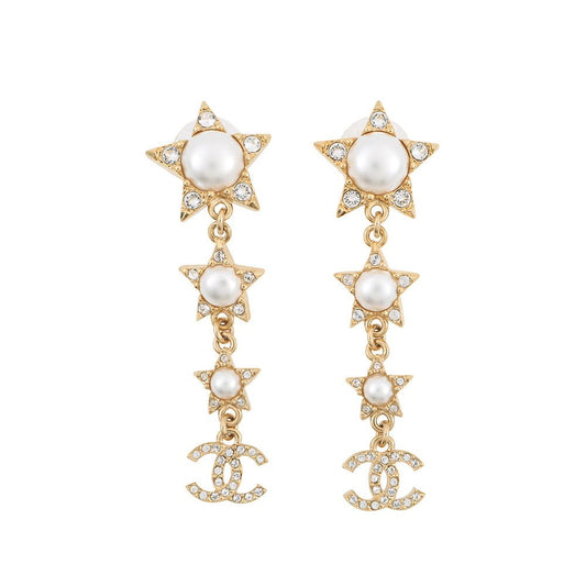 Chanel Earrings CC Logo Star Motif Long Faux Pearl Rhinestone