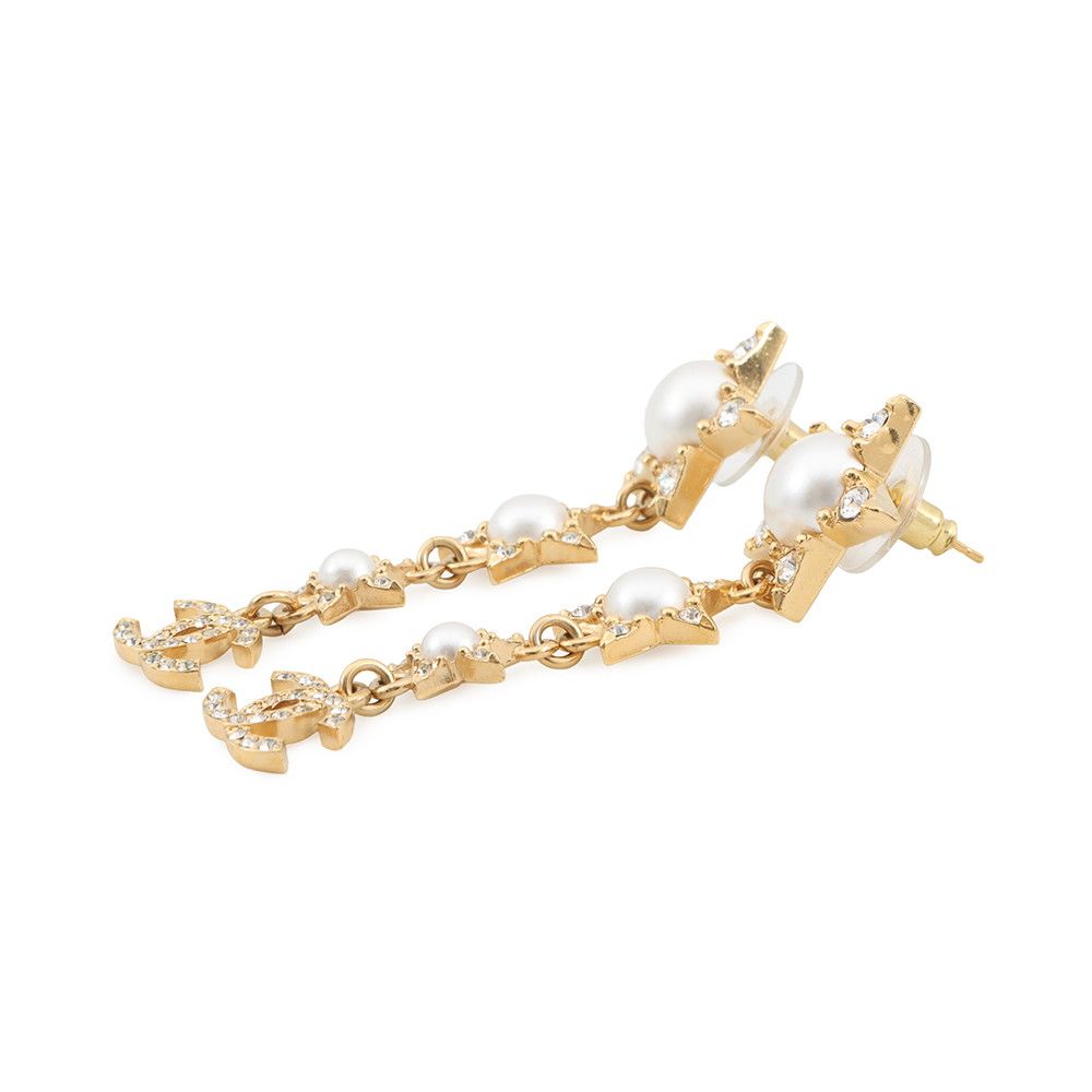 Chanel Earrings CC Logo Star Motif Long Faux Pearl Rhinestone — view 2