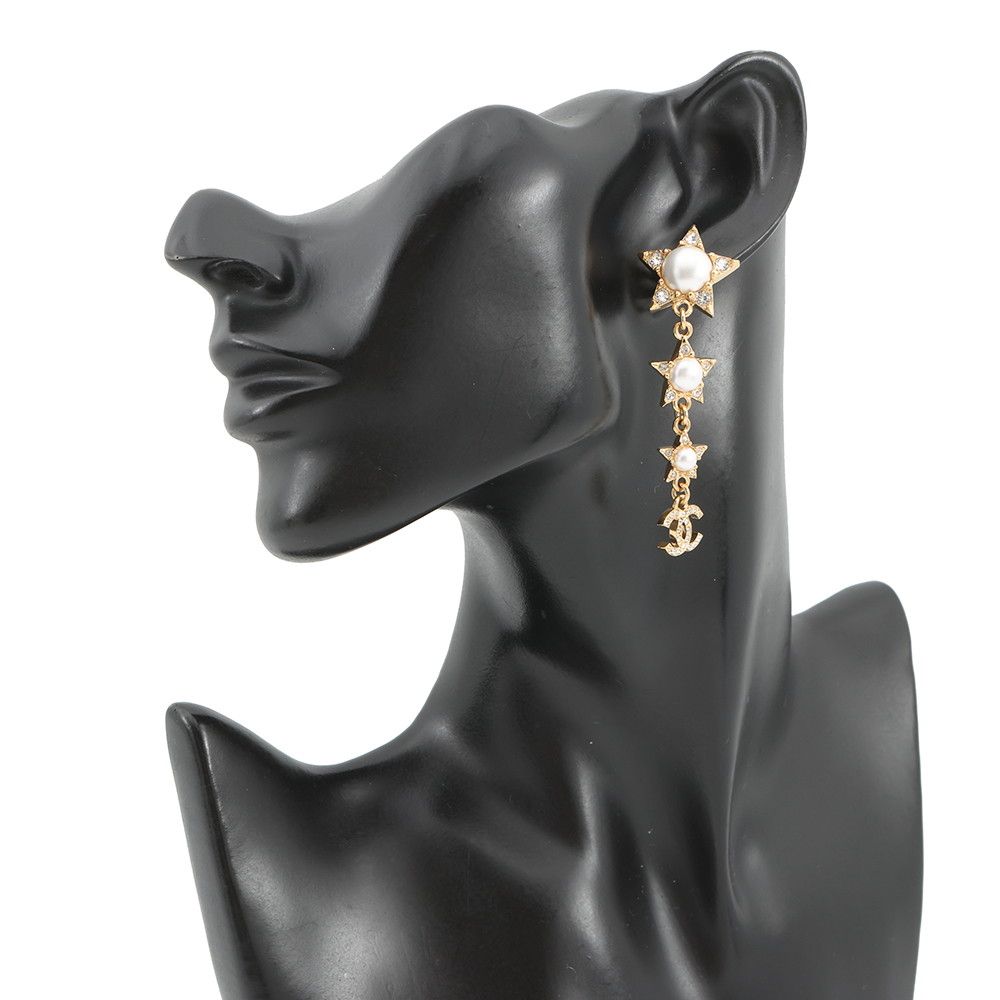 Chanel Earrings CC Logo Star Motif Long Faux Pearl Rhinestone — view 4