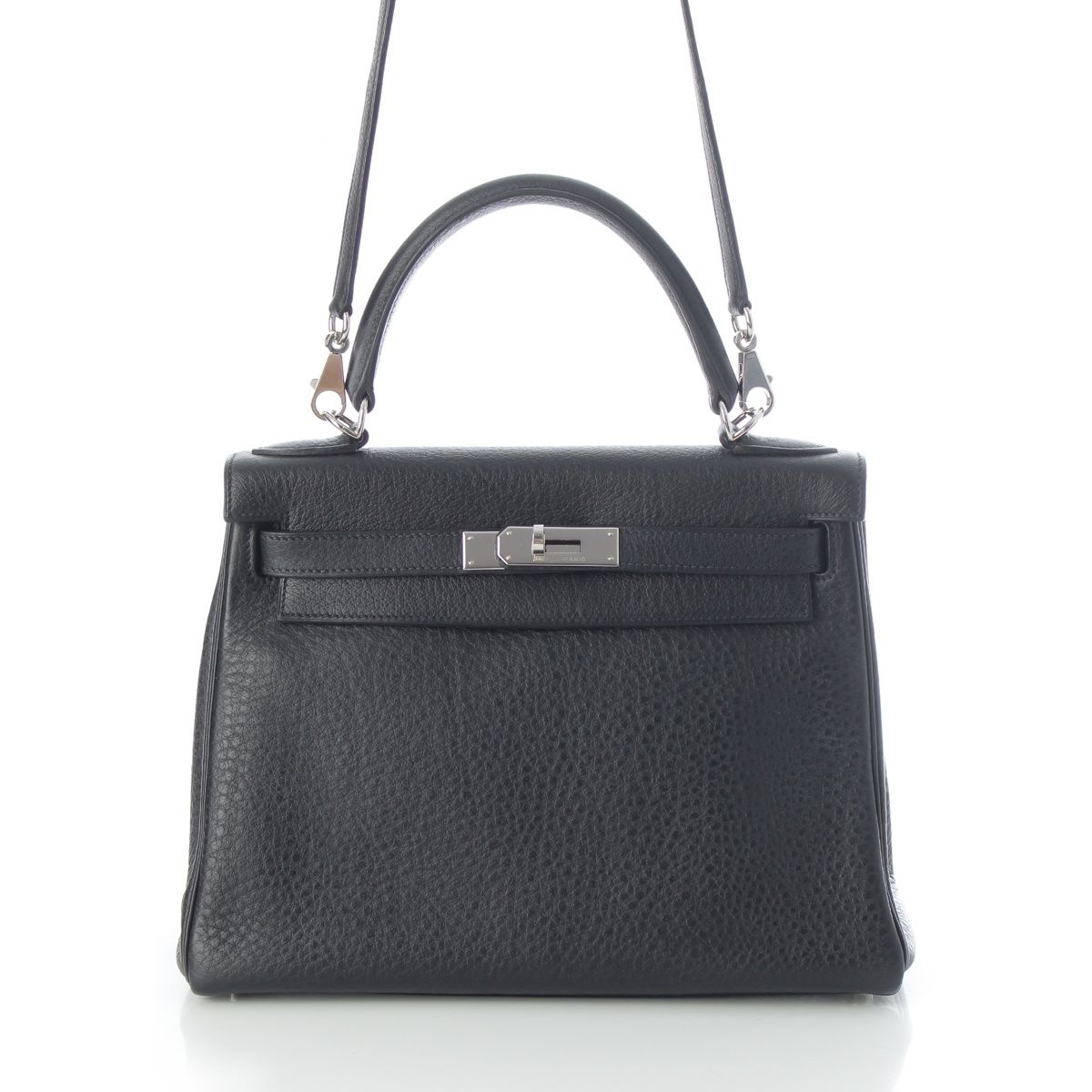 Hermes Kelly 28 Fjord Silver 2-Way Shoulder Handbag Black