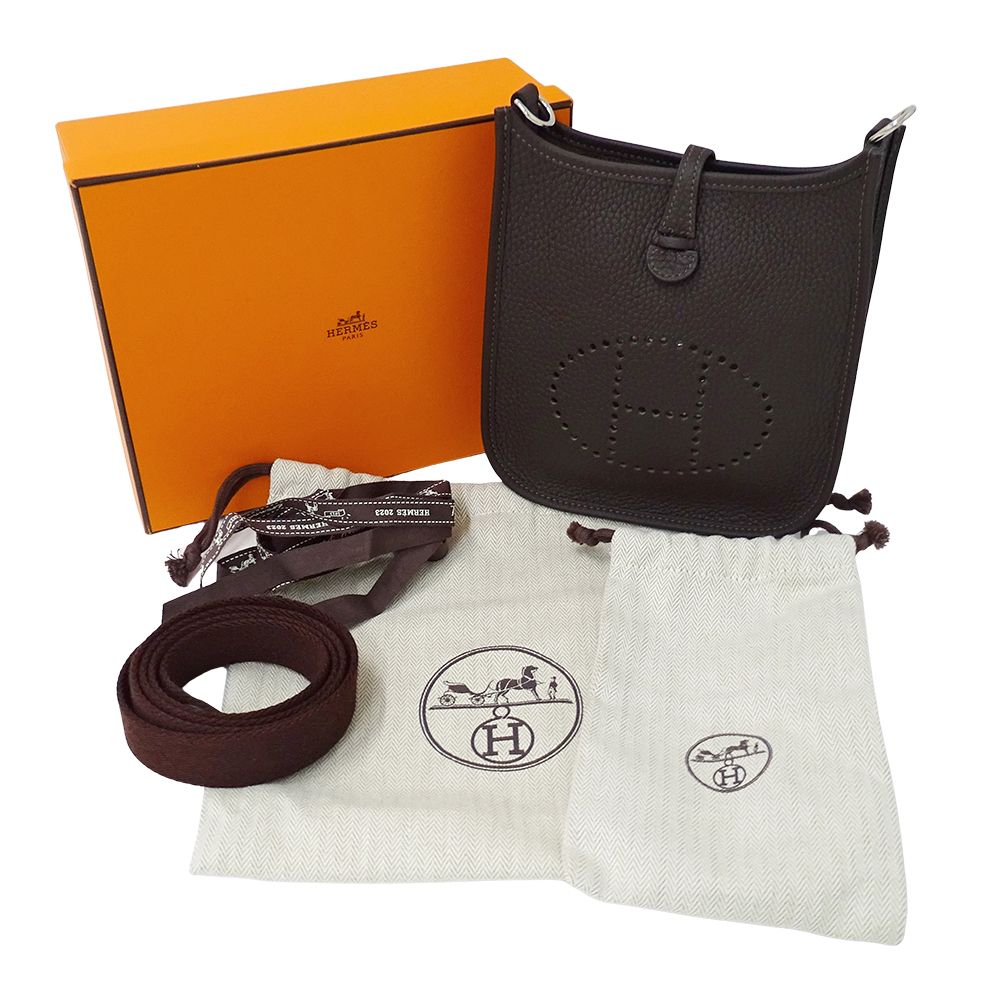 Hermes Shoulder Bag Evelyne TPM Taurillon Clemence Dark Brown Silver Small — view 8