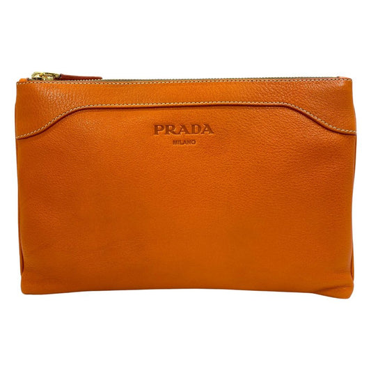 Prada Clutch Pouch Case Leather Papaya Orange Second Daily