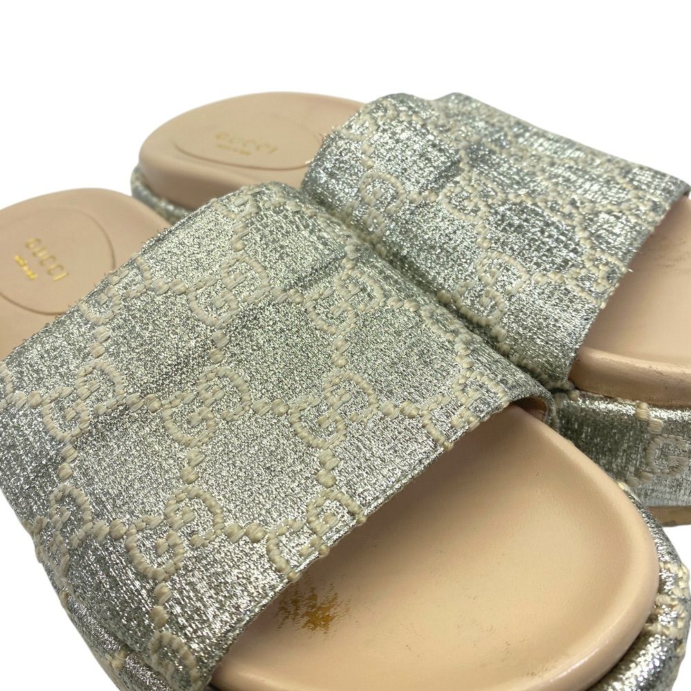 Gucci Sandals GG Canvas Platform Thick Sole Lame Silver Ivory 37 Daily Resort — view 7