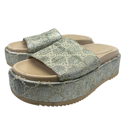 Gucci Sandals GG Canvas Platform Thick Sole Lame Silver Ivory 37 Daily Resort