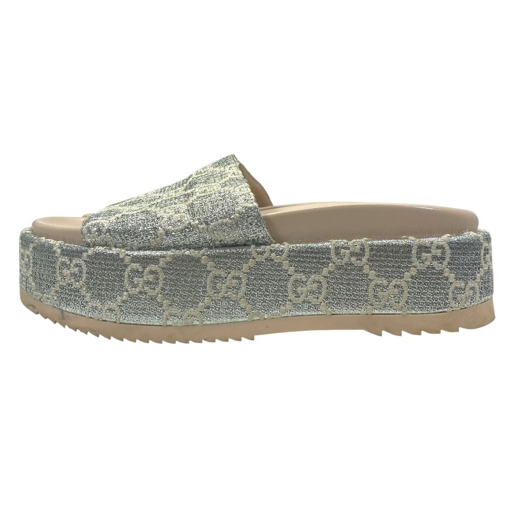 Gucci Sandals GG Canvas Platform Thick Sole Lame Silver Ivory 37 Daily Resort — view 3