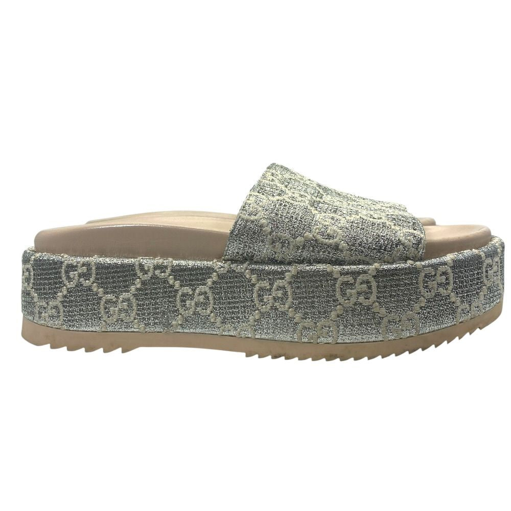 Gucci Sandals GG Canvas Platform Thick Sole Lame Silver Ivory 37 Daily Resort — view 5