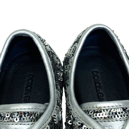Dolce & Gabbana Sequin Glitter Sneakers Low Cut Silver Leather Logo & — view 7