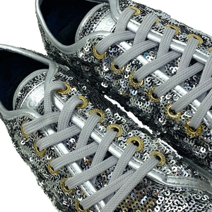 Dolce & Gabbana Sequin Glitter Sneakers Low Cut Silver Leather Logo & — view 6