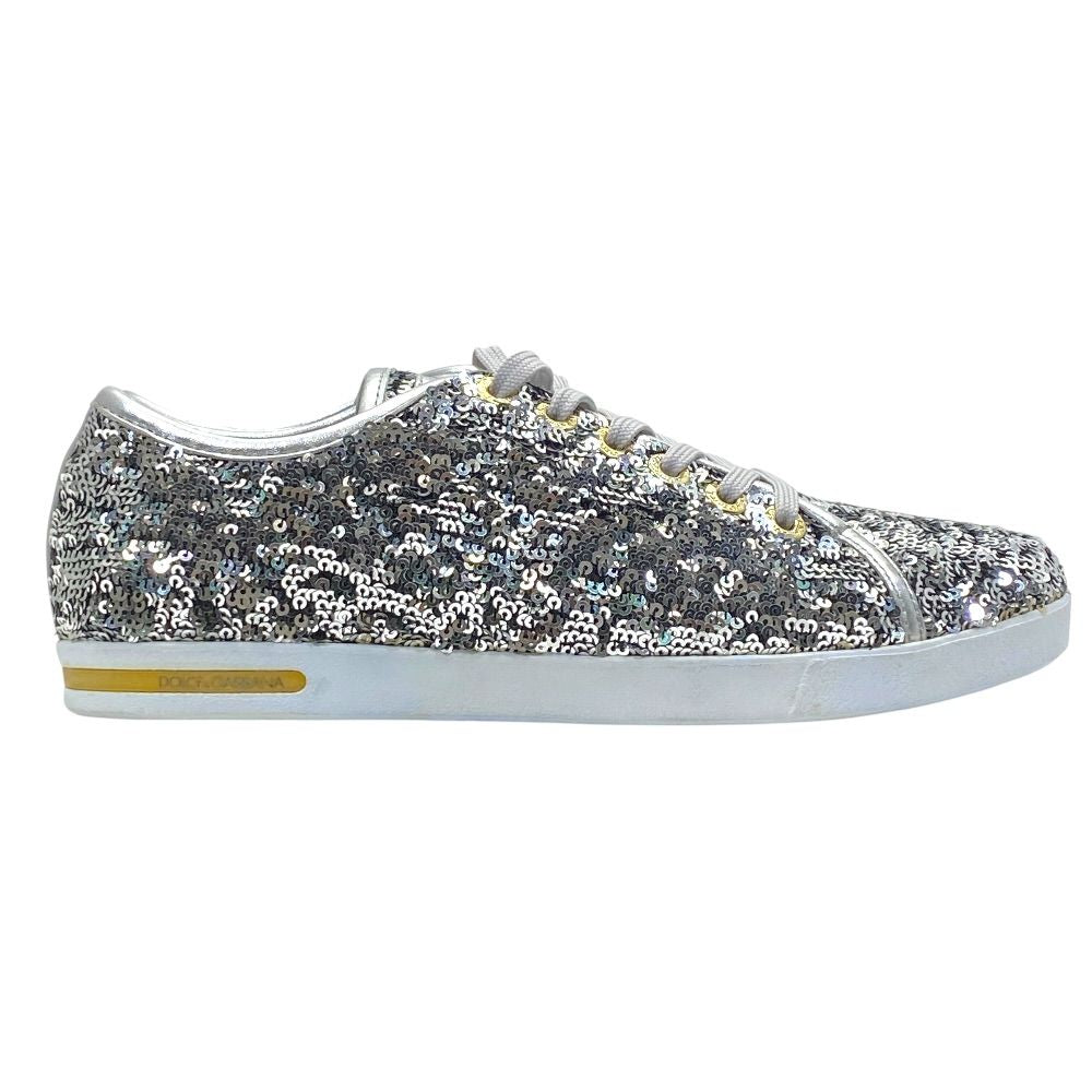 Dolce & Gabbana Sequin Glitter Sneakers Low Cut Silver Leather Logo & — view 5