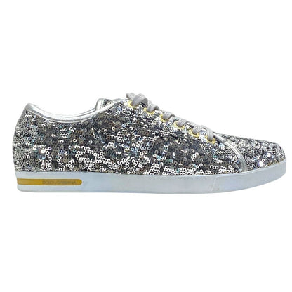 Dolce & Gabbana Sequin Glitter Sneakers Low Cut Silver Leather Logo & — view 5