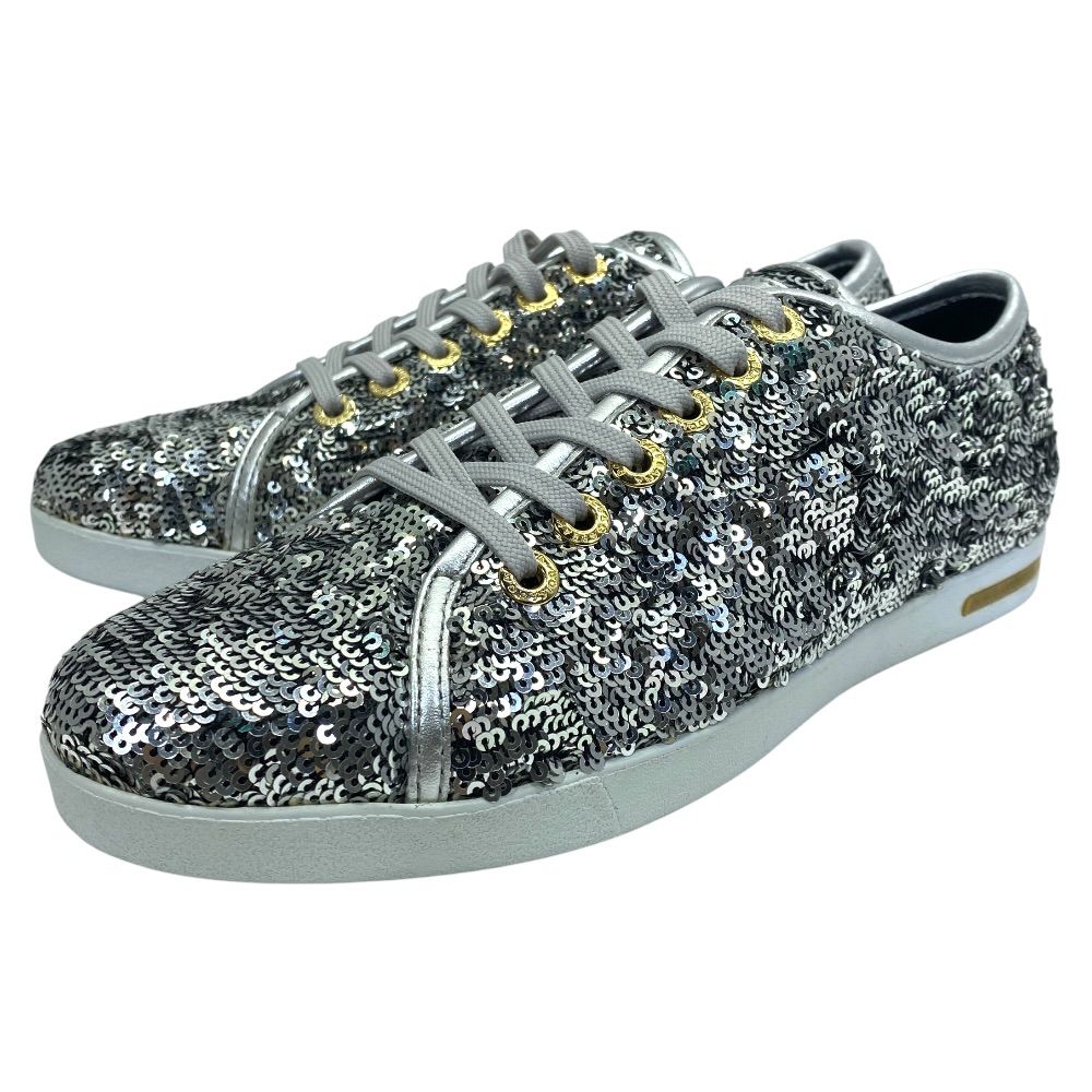 Dolce & Gabbana Sequin Glitter Sneakers Low Cut Silver Leather Logo &