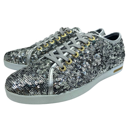 Dolce & Gabbana Sequin Glitter Sneakers Low Cut Silver Leather Logo &