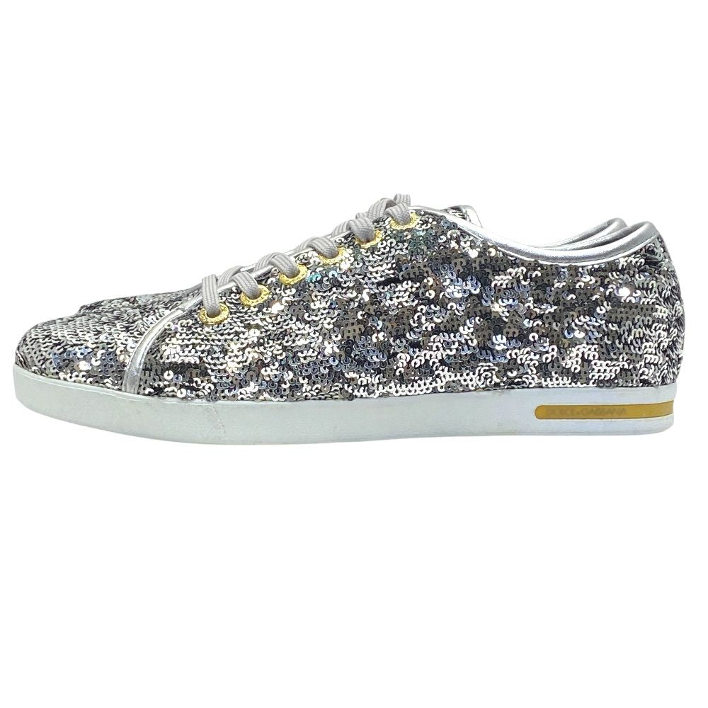 Dolce & Gabbana Sequin Glitter Sneakers Low Cut Silver Leather Logo & — view 3