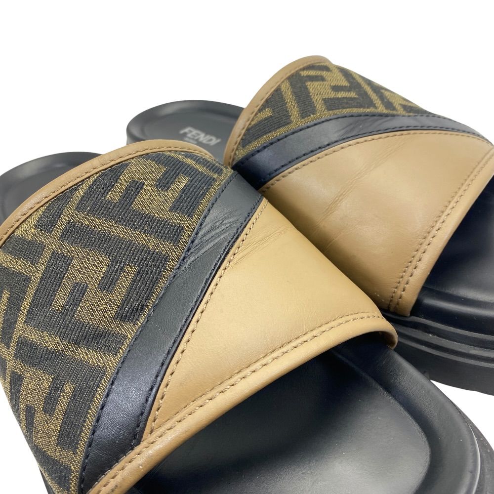 Fendi Diagonal Sandals Beach Slide FF Logo Leather Brown Jacquard 9 Luxury — view 7