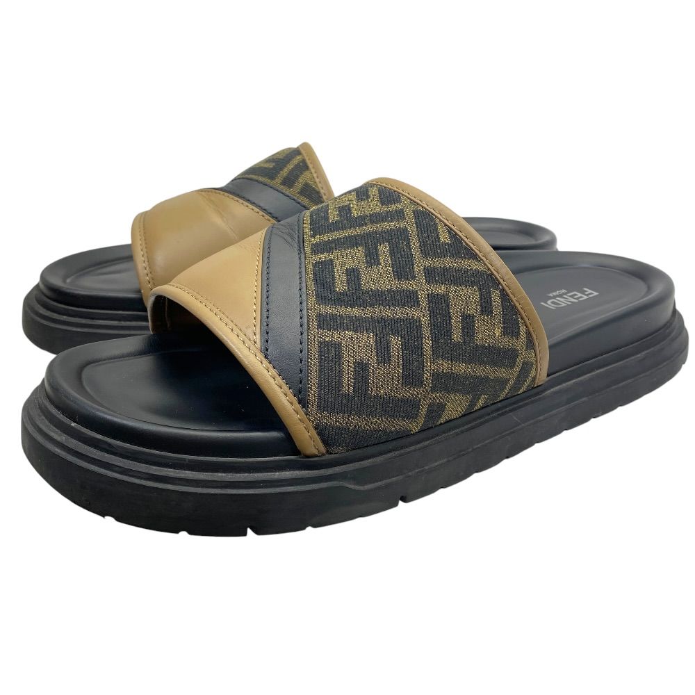 Fendi Diagonal Sandals Beach Slide FF Logo Leather Brown Jacquard 9 Luxury