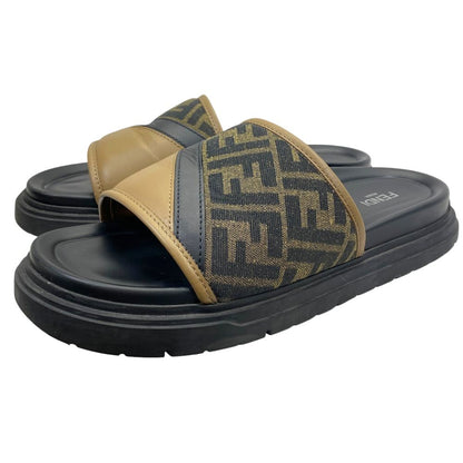 Fendi Diagonal Sandals Beach Slide FF Logo Leather Brown Jacquard 9 Luxury