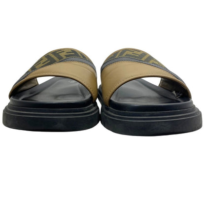 Fendi Diagonal Sandals Beach Slide FF Logo Leather Brown Jacquard 9 Luxury — view 2