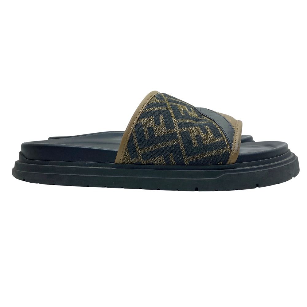 Fendi Diagonal Sandals Beach Slide FF Logo Leather Brown Jacquard 9 Luxury — view 5