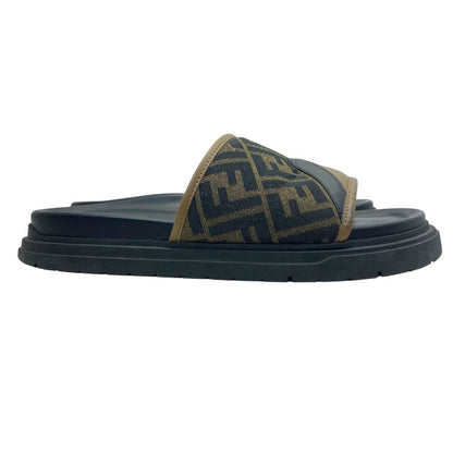 Fendi Diagonal Sandals Beach Slide FF Logo Leather Brown Jacquard 9 Luxury — view 5