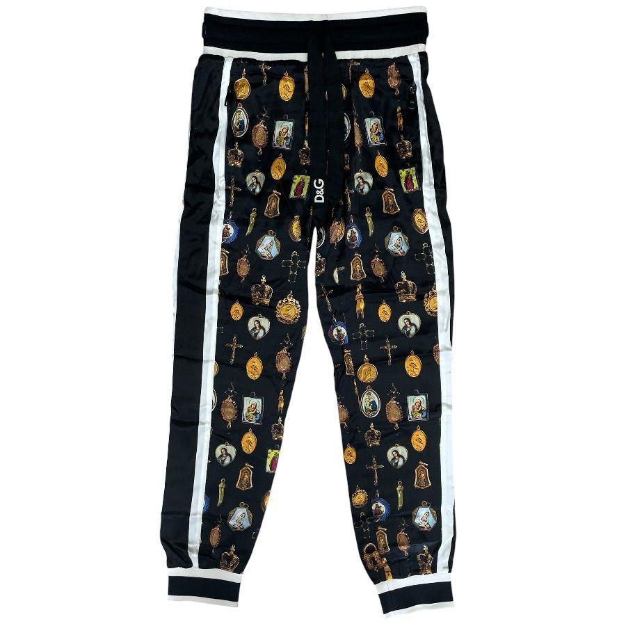 Dolce & Gabbana Jogger Pants Track All Over Pattern Silk Black Gypddt D&G & 44: