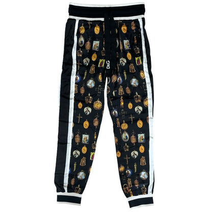 Dolce & Gabbana Jogger Pants Track All Over Pattern Silk Black Gypddt D&G & 44: