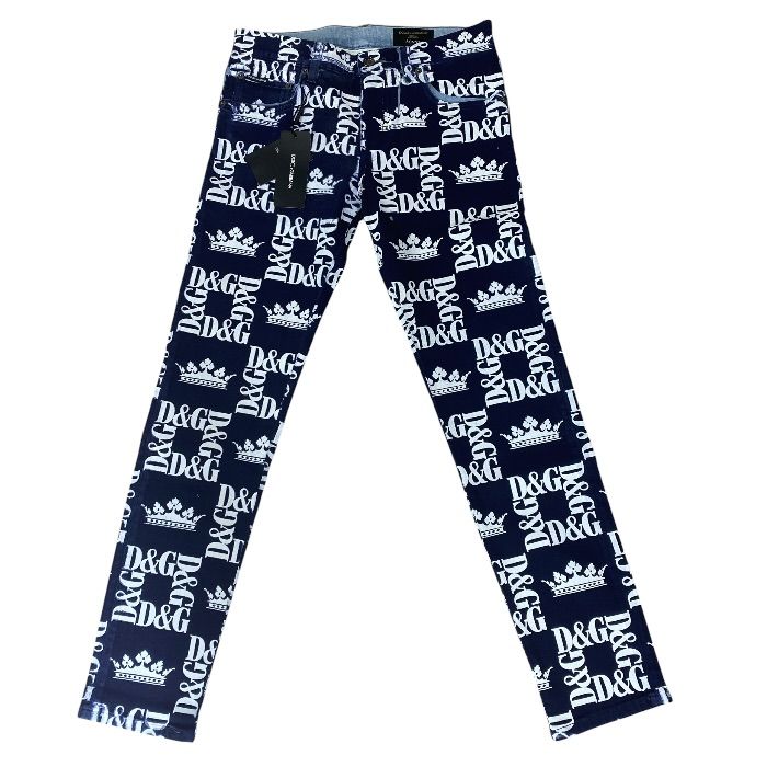 Dolce & Gabbana Printed Skinny Jeans DG Logo Crown Pants Navy White D&G & 46: