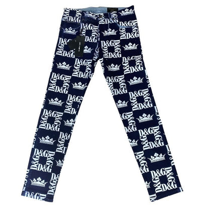 Dolce & Gabbana Printed Skinny Jeans DG Logo Crown Pants Navy White D&G & 46: