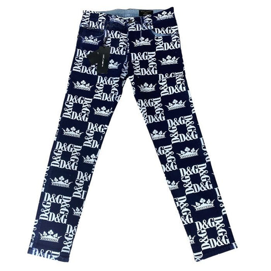 Dolce & Gabbana Printed Skinny Jeans DG Logo Crown Pants Navy White D&G & 46: