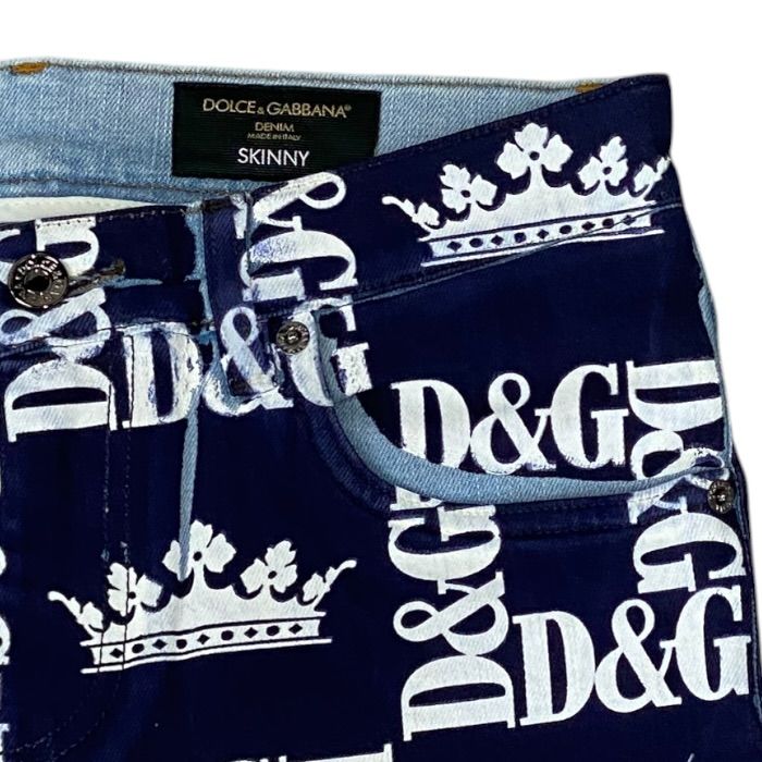 Dolce & Gabbana Printed Skinny Jeans DG Logo Crown Pants Navy White D&G & 46: — view 2