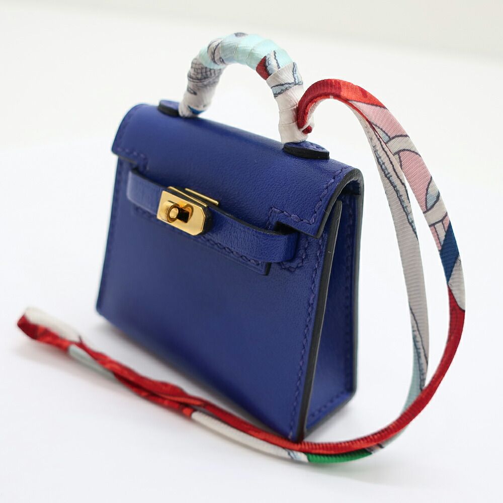 Hermes Heaven Kelly Twill Charm Blue Electric Tadelakt Gold Leather — view 2