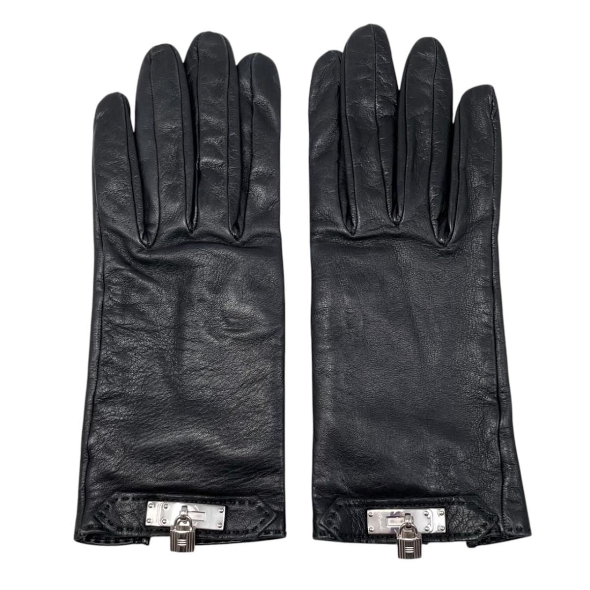 Hermes Gloves Kelly Cadena 7 Sizes Leather Black Silver